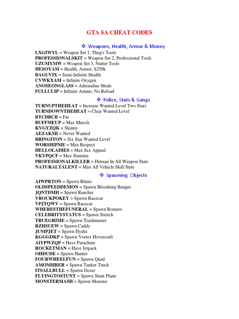 Gta San Andreas Cheat Codes, PDF, Leisure